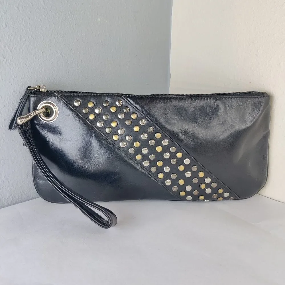 Sophia visconti Clutch Wristlet Studded Black Leather  Lime Green Lined Handbag